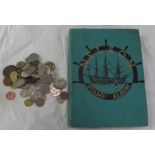 SMALL POT OF COINS & STAMP ALBUM