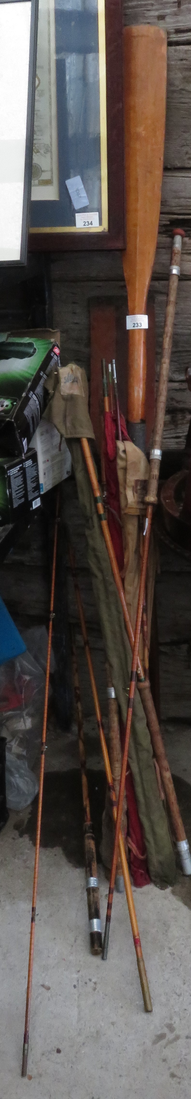 QUANTITY OF VINTAGE FISHING EQUIPMENT & WOODEN OARS