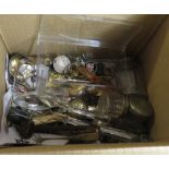 CUTLERY ITEMS, WHITE METAL TOP DRESSING TABLE BOTTLES & ASSORTMENT OF MILITARY BADGES & BUTTONS