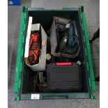 CONTAINER OF ELECTRICAL ITEMS INCLUDING VARIOUS DRILLS, CUTTING TOOL,