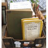 BOX OF ITEMS TO INCLUDE NATIONAL GEOGRAPHIC MAGAZINES DATED 1937, 1938. LARGE QUANTITY OF COPY