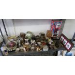 SHELF OF MAINLY CHINA, COFFEE SERVICE, BRASSWARE, BEER TANKARDS ETC