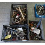 3 PLASTIC CRATES OF ASSORTED TOOLS, HAMMERS, DRILLS ETC