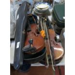 2 VIOLINS TOGETHER WITH 3 BOWS, 1 STAMPED TOURTE