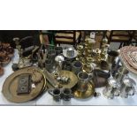 COLLECTION OF BRASS CANDLESTICKS, PEWTER JUGS, BRASS DISHES, OLD CAST IRON CLOTHES IRONS