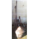 METAL WATER HEATER ON HOOK WITH A TAP, ALONG WITH OTHER METAL ITEMS INCLUDING HORSESHOES ETC