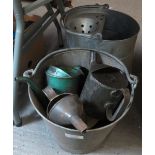 GALVANISED BUCKET & COLLECTION OF OIL CANS