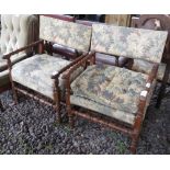 PAIR OF OAK FRAMED CARVER CHAIRS WITH FABRIC SEATS