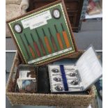 SMALL COLLECTION OF BOXED TEASPOONS, TIN OF MIXED COINS, HISTORY OF THE CRICKET BAT FRAMED PICTURE