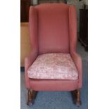 LATE 19TH/EARLY 20TH CENTURY UPHOLSTERED WING BACK CHAIR OF ARTS & CRAFTS STYLE & WITH OAK