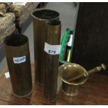 3 OLD BRASS ARMY SHELLS, BRASS PESTLE & MORTAR