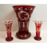LARGE RUBY FLASH GLASS VASE OF FLARED FORM, TOGETHER WITH A SMALLER PAIR OF GLASS VASES