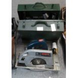 METAL TIN CONTAINING EXPANDING REAMERS, CASE OF LEATHER PUNCHES & BOSCH 110V SAW