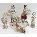 PAIR OF 19TH CENTURY GERMAN FIGURES OF A BOY & A GIRL, EACH HOLDING A BASKET, ON ROCOCO STYLE BASES,