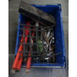 BLUE TUB OF WELDING RODS, METAL TIN OF WHEELBEARING PULLING EQUIPMENT, TRAY OF HEAVY DUTY HACKSAW