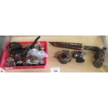 TRAY OF WATCHES, COINS, LIGHTERS, CARVING KNIFE, 2 OLD BICYCLE LAMPS, ETC