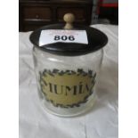 A RARE HOLMEGAARD GLASS PHARMACY JAR 'MUMIA', WITH ORIGINAL STICKER