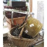 3 WICKER BASKETS, FIRST AID BOX, COAL SCUTTLE, 2 METAL WALL PLANTERS