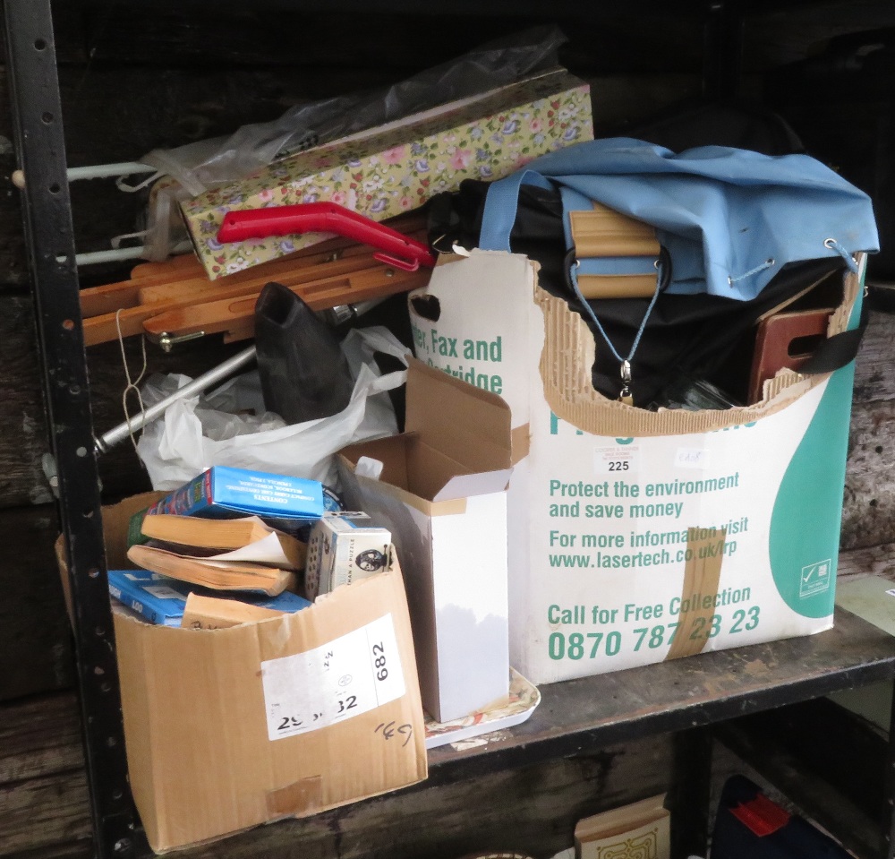 SHELF OF ITEMS TO INCLUDE CAR RADIO, BOOKS, DUSTBUSTER ETC