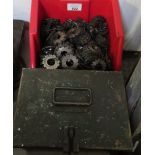 TUB OF GEAR CUTTERS, METAL BOX CONTAINING RE-SEATING TOOLS & EQUIPMENT