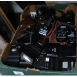 BOX OF CAMERAS, FLASHES & ACCESSORIES