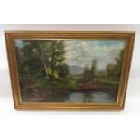 LARGE OIL PAINTING OF A RIVER SCENE, WITH TREES & HILLS BEYOND, OIL ON CANVAS, SIGNED, 66CM X 103CM