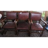 3 LEATHER SEATED CARVER CHAIRS ON TURNED LEGS