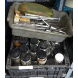 CRATE OF ASSORTED BOTTLES WITH NUTS, BOLTS, SCREWS, WASHERS & ANOTHER TRAY OF LARGE BOLTS