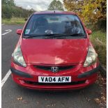 HONDA JAZZ REG:VA04 AFN, 5 DOOR, RED, DOES NOT START, MILEAGE UNAVAILABLE HOWEVER AT LAST MOT