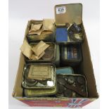 Box of old pocket watch movement, watch spares & parts, tins of pins/nails etc, wrist watches, clock