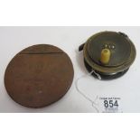 A 3.25” brass fly fishing reel by NCSL , 105 Victoria Street, Westminster, with plain foot and