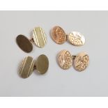 A pair of 9 carat gold cufflinks, with one plain oval panel and one engine turned oval panel; with