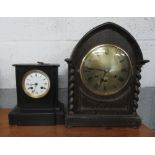 Oak cased 3 train brass dial 8 day Westminster chimes mantel clock with key and pendulum