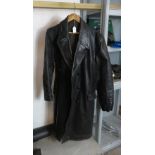 LONG LEATHER BELTED COAT, DUTCH MANUFACTURER, UNMARKED SIZE, POSSIBLY M/L