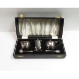 A cased silver three piece cruet set, by Alexander Smith, Birmingham 1962, with spoons and blue