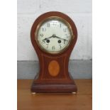 Continental mahogany case 8 day gong strike, balloon shape, mantel clock with pendulum and key