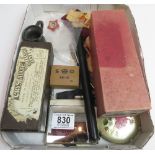 A mixed quantity of collectables including powder compacts, boxed billiard balls, boxed inhaler,