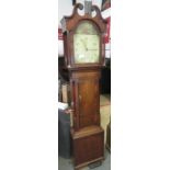 30hr longcase clock, arch dial within an oak and crossbanded mahogany case, complete with pendulum