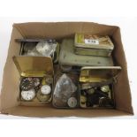 Box of old pocket watch parts mostly incomplete, old wrist watches etc