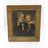 19th Century English School - Portrait of two young boys wearing dark suits and white frilled