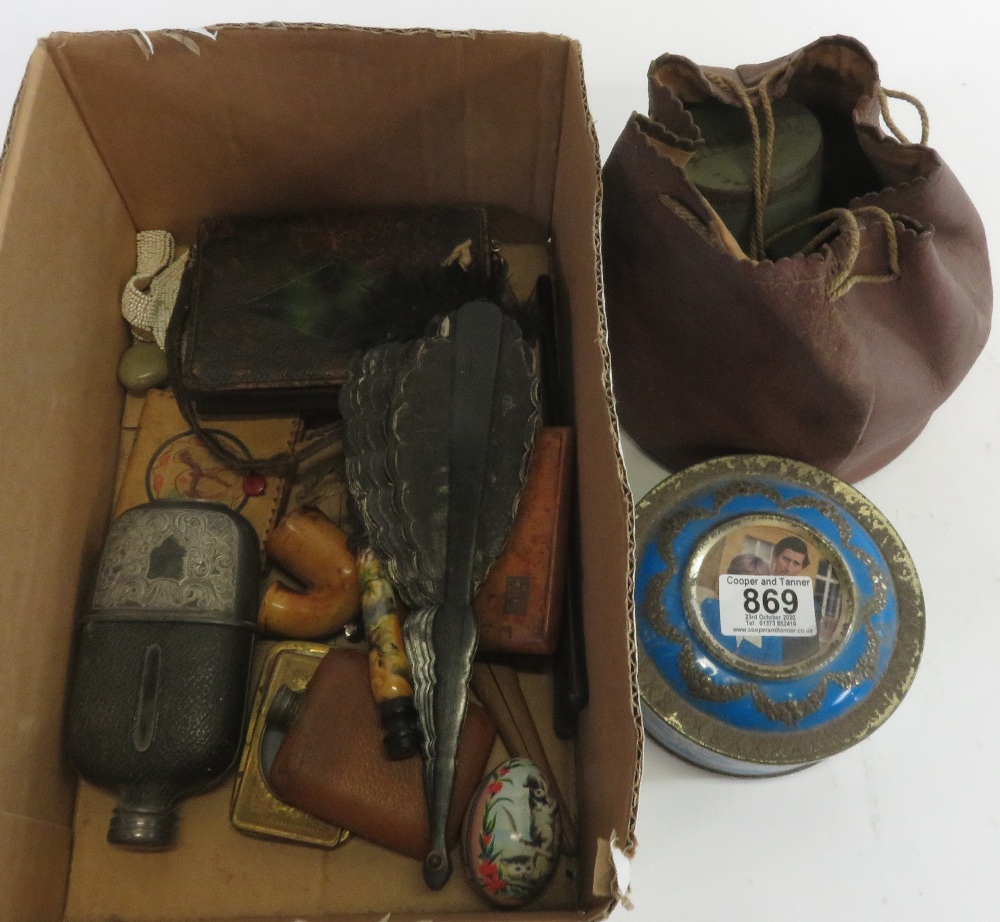 Two hip flasks, various purses and small bags, fan, glove stretchers and other collectable items