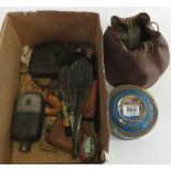Two hip flasks, various purses and small bags, fan, glove stretchers and other collectable items
