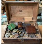 Mahogany box containing (watchmakers lathe fittings) and other tools