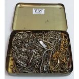 Tin of old pocket watch chains etc