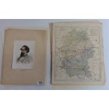 A quantity of unframed maps and prints, includes James Buchanan Whisky characters from Dickens and