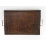 An early 20th Century rectangular wood tray with metal handles 53.5cms wide