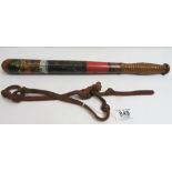 A Victorian wooden police truncheon with painted crown and VR cypher (faint) with turned grip and