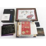 Some UK Royal Mint Proof sets; commemorative coins on original cards and in cases, a Royal Mint 2015