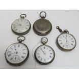 Four silver pocket watches and one fob watch