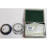 Small 8 day desk clock in original box, together with another 8 day white enamel dial desk clock and